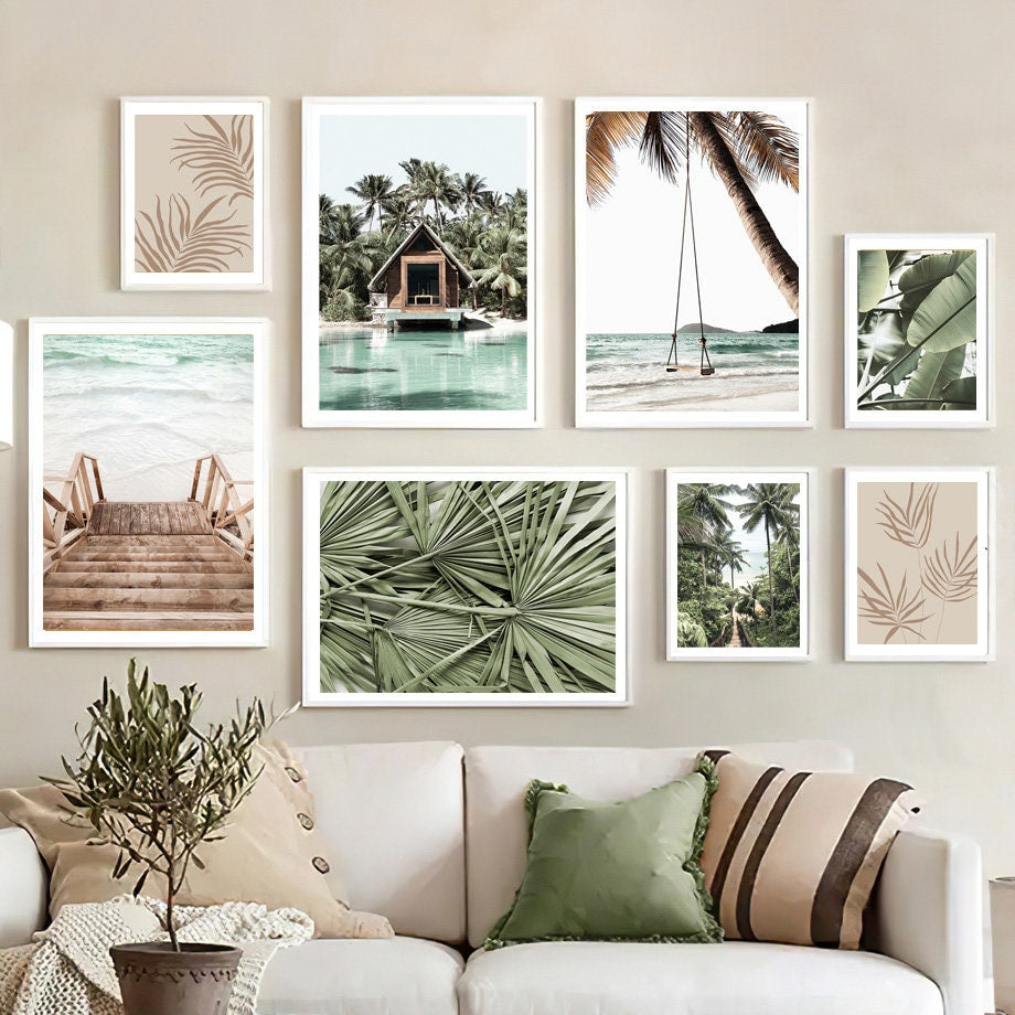 Poster Meer Blätter Überwasser Bungalow Strandschaukel I Wandbilder Wohnzimmer & Schlafzimmer I  Deko Print Bilder I ohne Rahmen-0