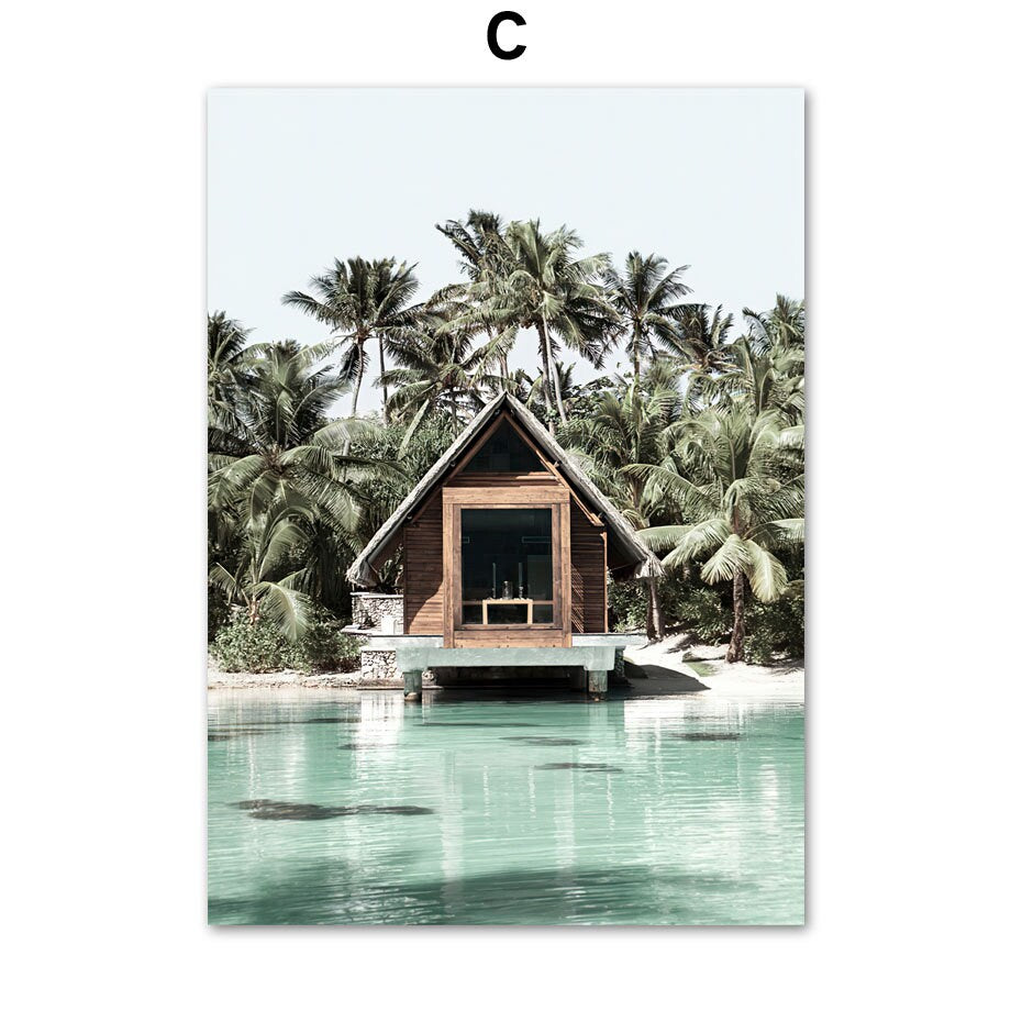 Poster Meer Blätter Überwasser Bungalow Strandschaukel I Wandbilder Wohnzimmer & Schlafzimmer I  Deko Print Bilder I ohne Rahmen-3