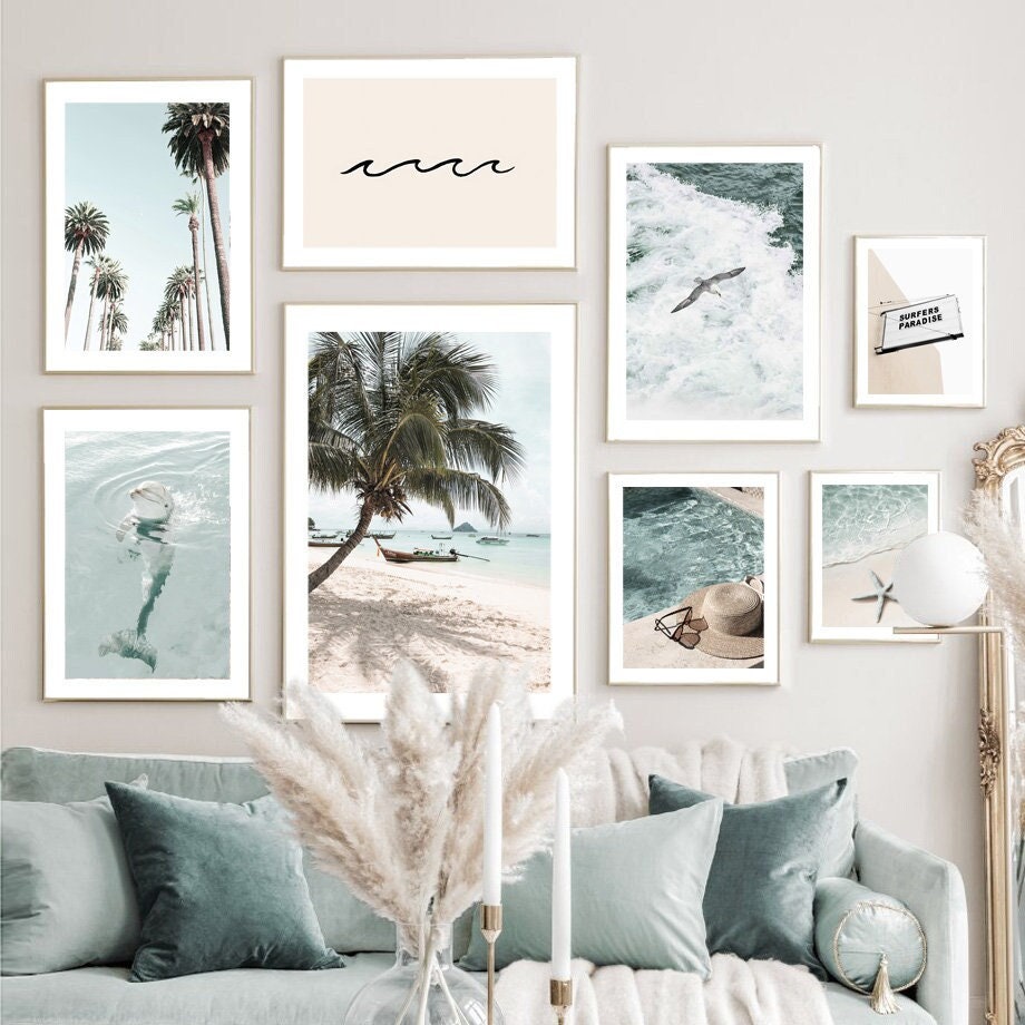 Poster Strand Wellen Meer Palmen Delfin Sonnenbrille Hut I Wandbilder Wohnzimmer & Schlafzimmer I  Wand Deko I Kunst Druck I ohne Rahmen-0