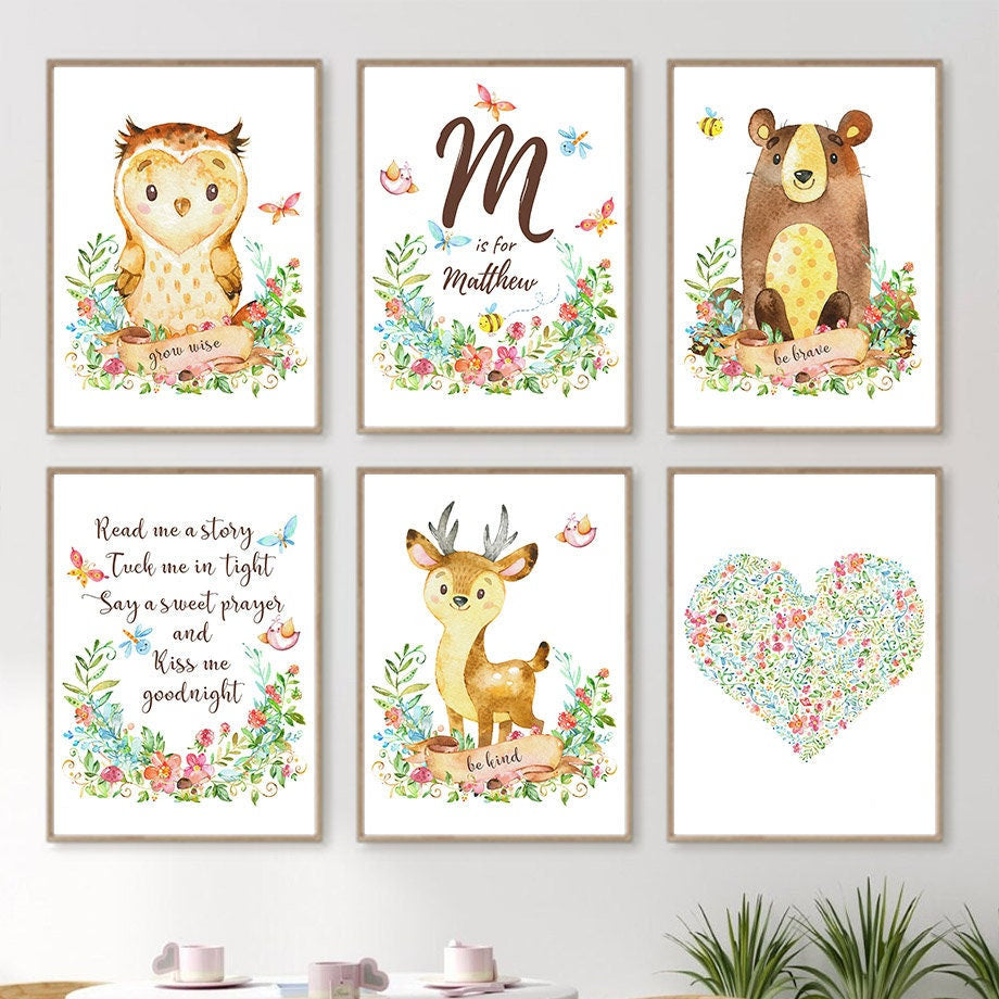 Poster Kinderzimmer Tiere Eule Bär Reh I Name Personalisiert I Kinderzimmer Bilder I Wand Deko I Kunst Druck I Deko Print I ohne Rahmen-0