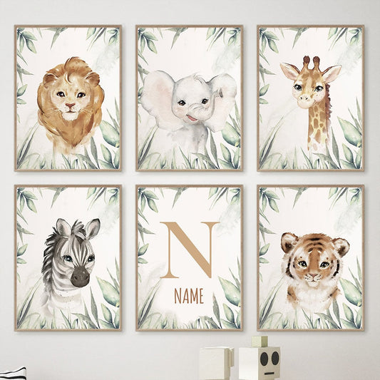 Poster Kinderzimmer Dschungel Tiere I Kinder Name Personalisiert I Kinderzimmer Bilder I Wand Deko I Kunst Druck I Deko Print I ohne Rahmen-0