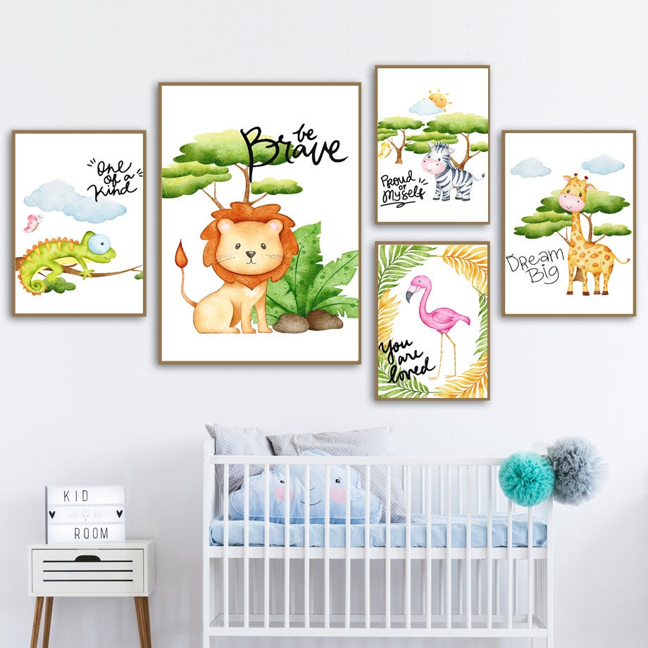 Poster Kinderzimmer Dschungel Tiere Zeichentrick I Kinderzimmer Bilder I Wand Deko I Kunst Druck I Deko Print I ohne Rahmen-1