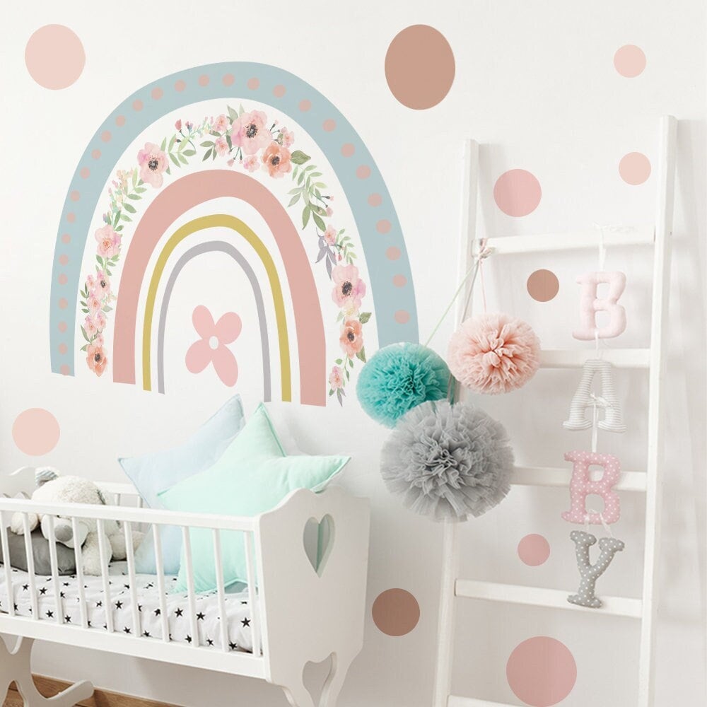 Sticker Kinderzimmer Wandaufkleber Boho Stil Regenbogen Blumen I Wand Deko I Wandtattoos I Babyzimmer Wand Deko I Sticker Set-0