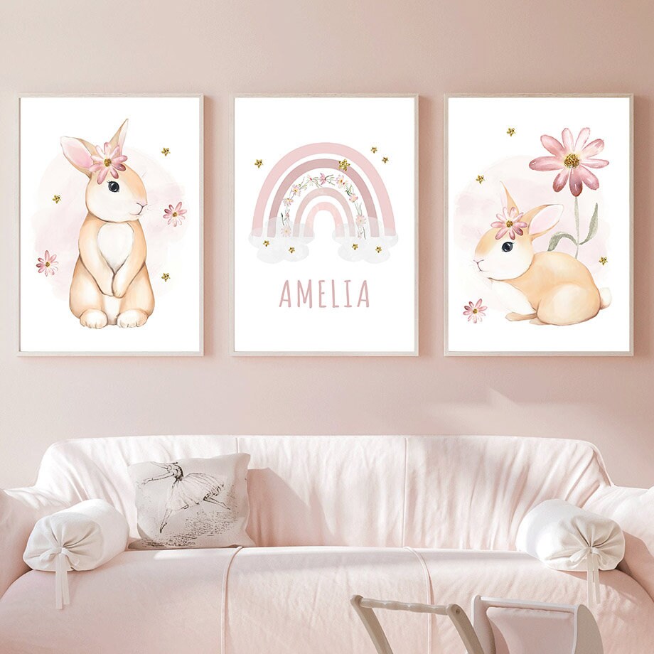 Poster Kinderzimmer Regenbogen Hase Name Personalisiert Rosa I Kinderzimmer Bilder I Wand Deko I Kunst Druck I Deko Print I ohne Rahmen-2