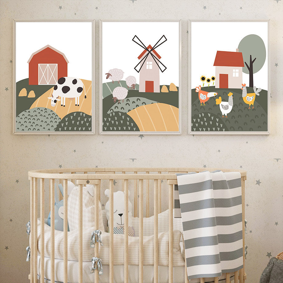 Poster Kinderzimmer Bauernhof Bauer Tiere Kuh Schwein Pferd Hahn I Kinderzimmer Bilder I Wand Deko I Kunst Druck I Deko Print I ohne Rahmen-2