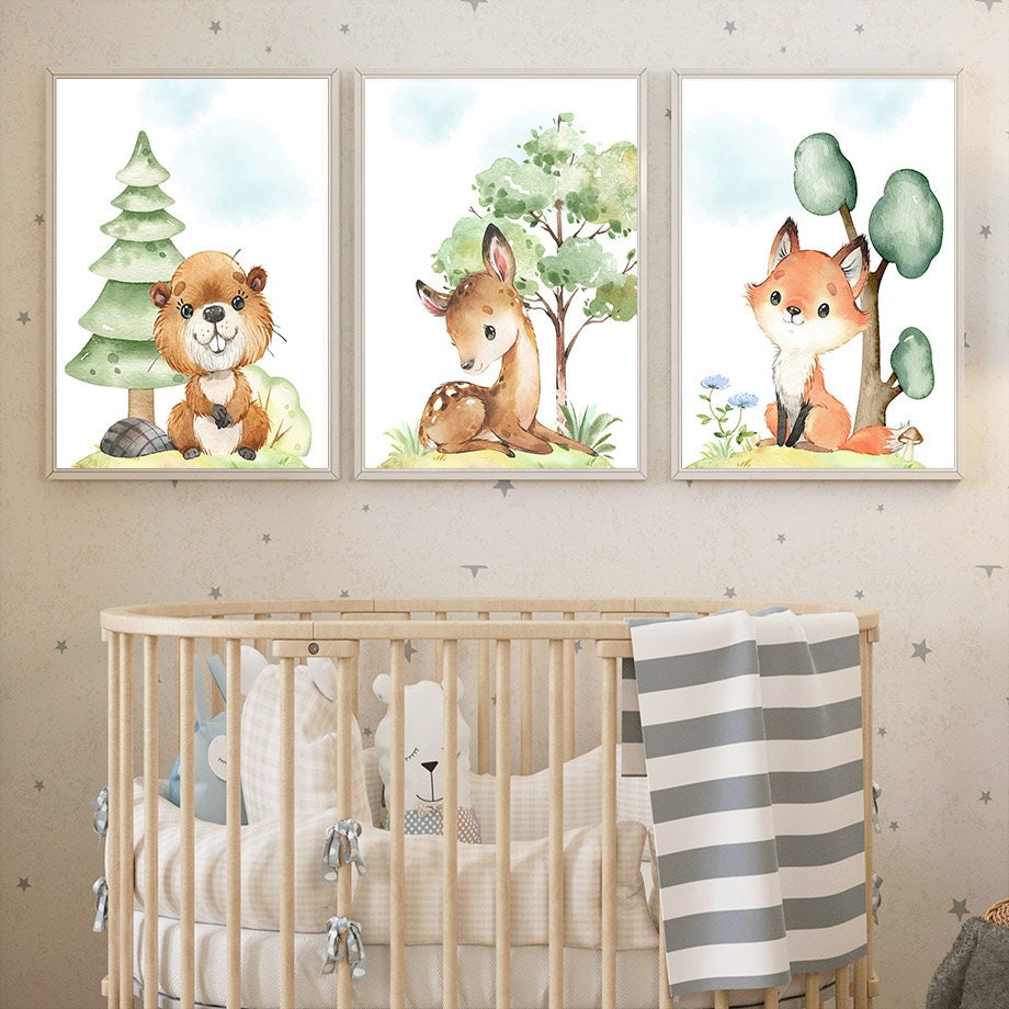 Poster Kinderzimmer Waldtiere Bäume I Kinderzimmer Bilder I Wand Deko I Kunst Druck I Deko Print I ohne Rahmen-1