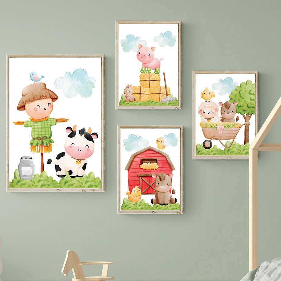 Poster Kinderzimmer Bauernhof süße Tiere Bauer Vogelscheuche I Kinderzimmer Bilder I Wand Deko I Kunst Druck I Deko Print I ohne Rahmen-1