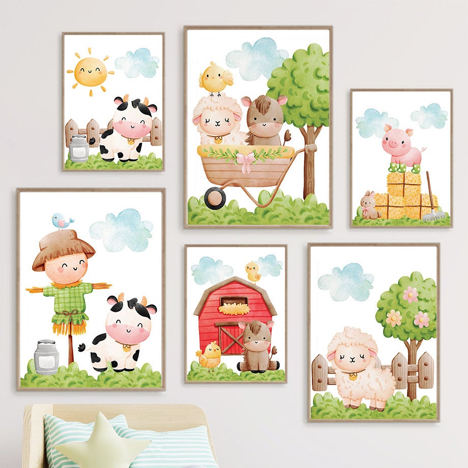 Poster Kinderzimmer Bauernhof süße Tiere Bauer Vogelscheuche I Kinderzimmer Bilder I Wand Deko I Kunst Druck I Deko Print I ohne Rahmen-0