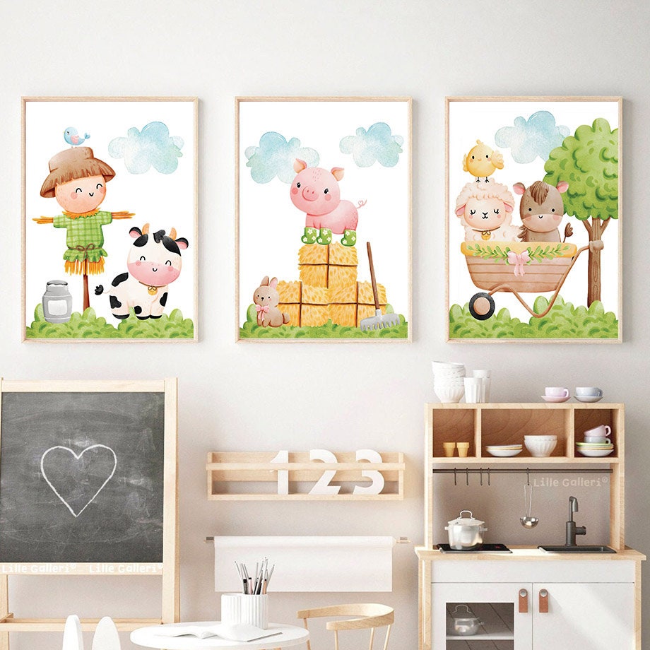 Poster Kinderzimmer Bauernhof süße Tiere Bauer Vogelscheuche I Kinderzimmer Bilder I Wand Deko I Kunst Druck I Deko Print I ohne Rahmen-2