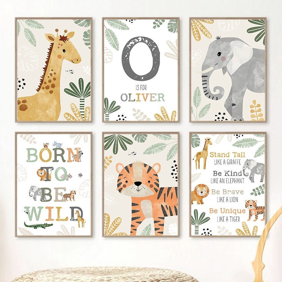 Poster Kinderzimmer Tiere Dschungel I Name Personalisiert I  Kinderzimmer Bilder I Wand Deko I Kunst Druck I Deko Print I ohne Rahmen-0