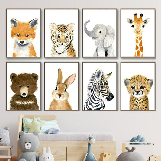 Poster Kinderzimmer Tiere Fuchs Elefant Bär Hase Zebra I Kinderzimmer Bilder I Wand Deko I Kunst Druck I Deko Print I ohne Rahmen-0