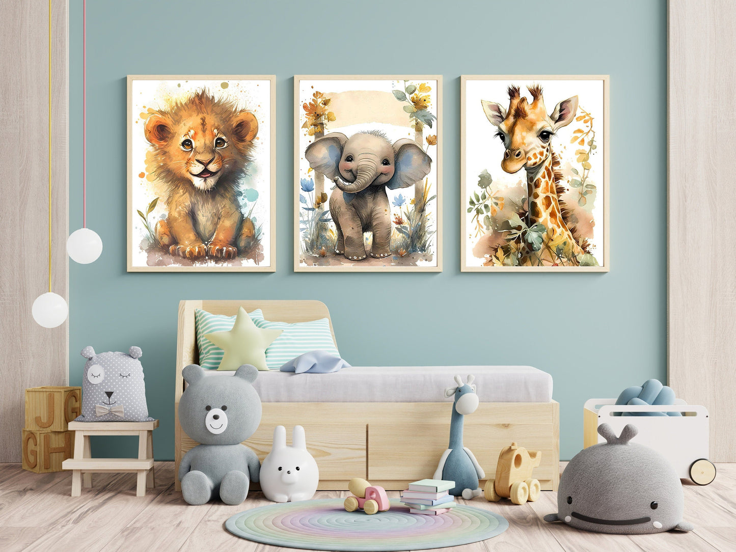 Poster Kinderzimmer Tiere Wald Dschungel Aquarell Löwe Elefant I Kinderzimmer Bilder I Wand Deko I Kunst Druck I Deko Print I ohne Rahmen-1