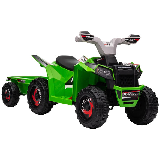 6V Quad Bike with Back Trailer, Wear-Resistant Wheels, for Ages 18-36 Months, Green | HOMCOM-0