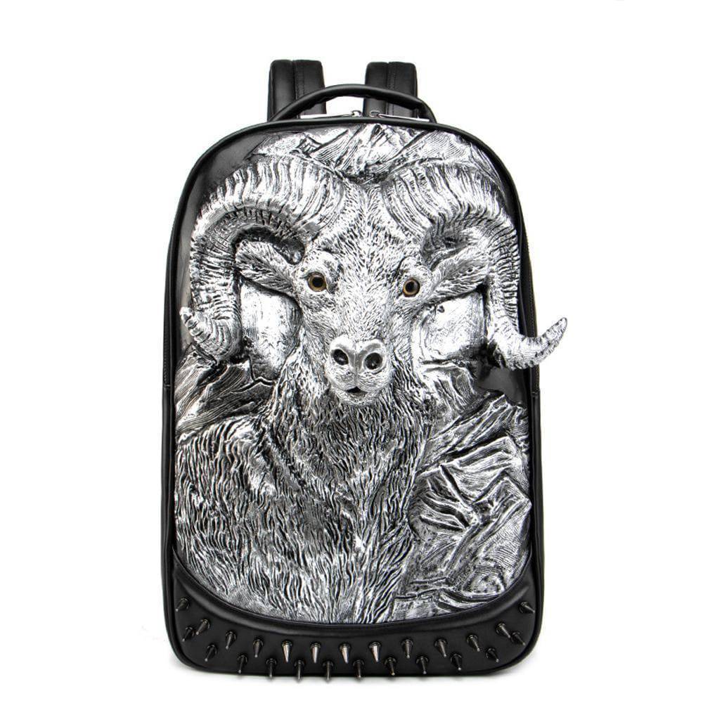 Large Studded Backpack 3D Goat Head Sculpture Backpack Laptop Travelling Rucksack Bag-1