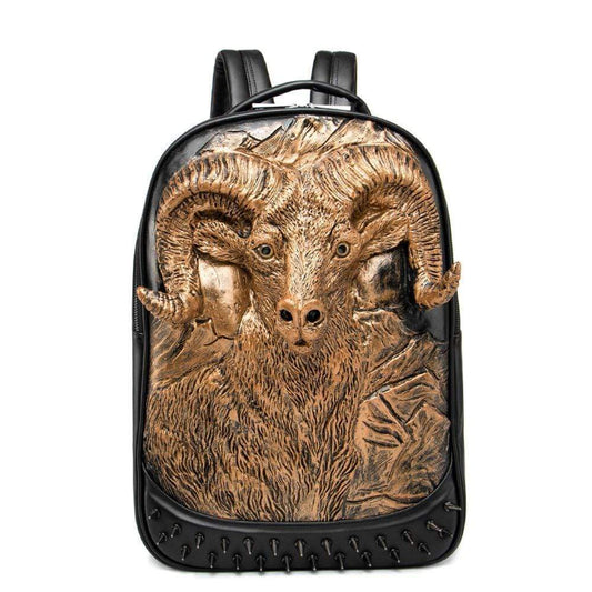 Large Studded Backpack 3D Goat Head Sculpture Backpack Laptop Travelling Rucksack Bag-0