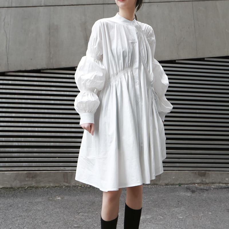 Hotaru Long Sleeve Pleated Shirt Dress - White by Marigold Shadows-1