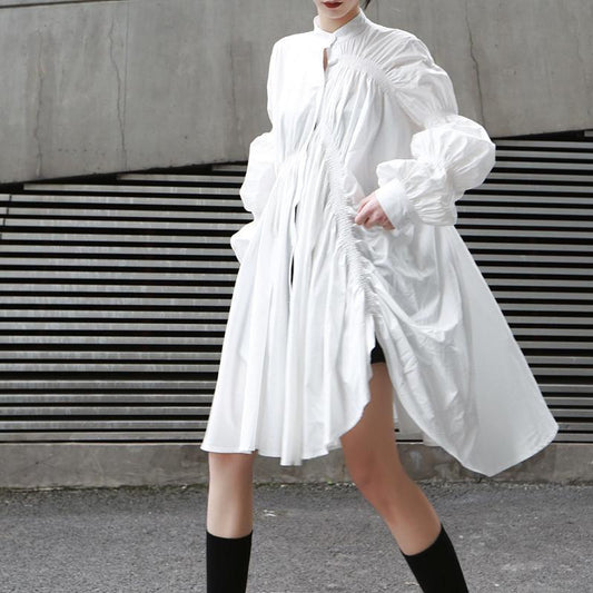 Hotaru Long Sleeve Pleated Shirt Dress - White by Marigold Shadows-0