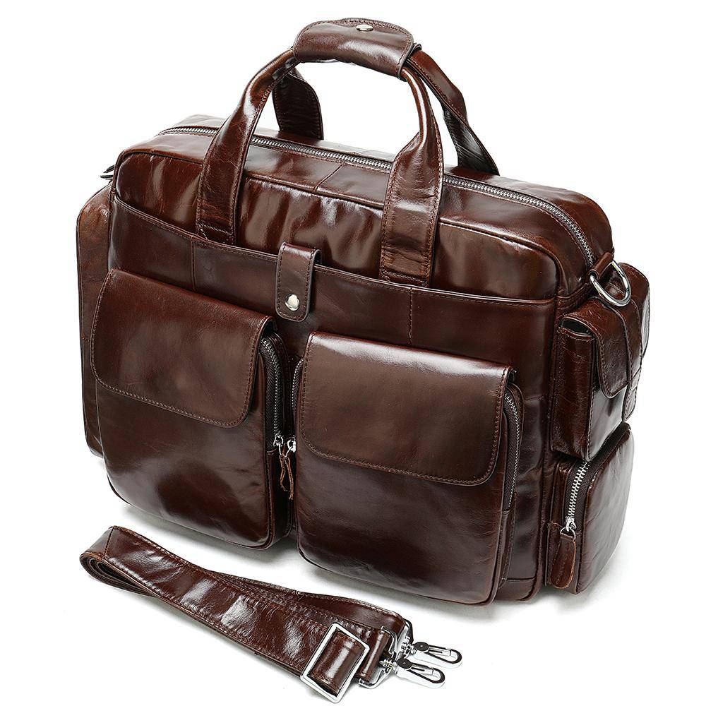 Men's Leather Briefcase Messenger Bag 14 Inch Laptop Shoulder Bag Large Volumn Business Briefcase With Trolley Belt-2