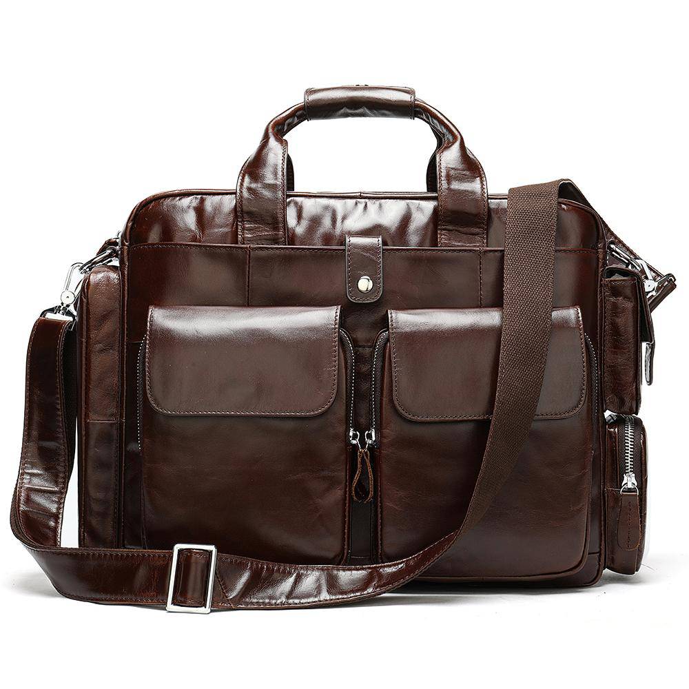 Men's Leather Briefcase Messenger Bag 14 Inch Laptop Shoulder Bag Large Volumn Business Briefcase With Trolley Belt-0