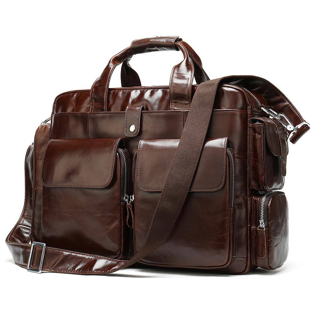 Men's Leather Briefcase Messenger Bag 14 Inch Laptop Shoulder Bag Large Volumn Business Briefcase With Trolley Belt-1