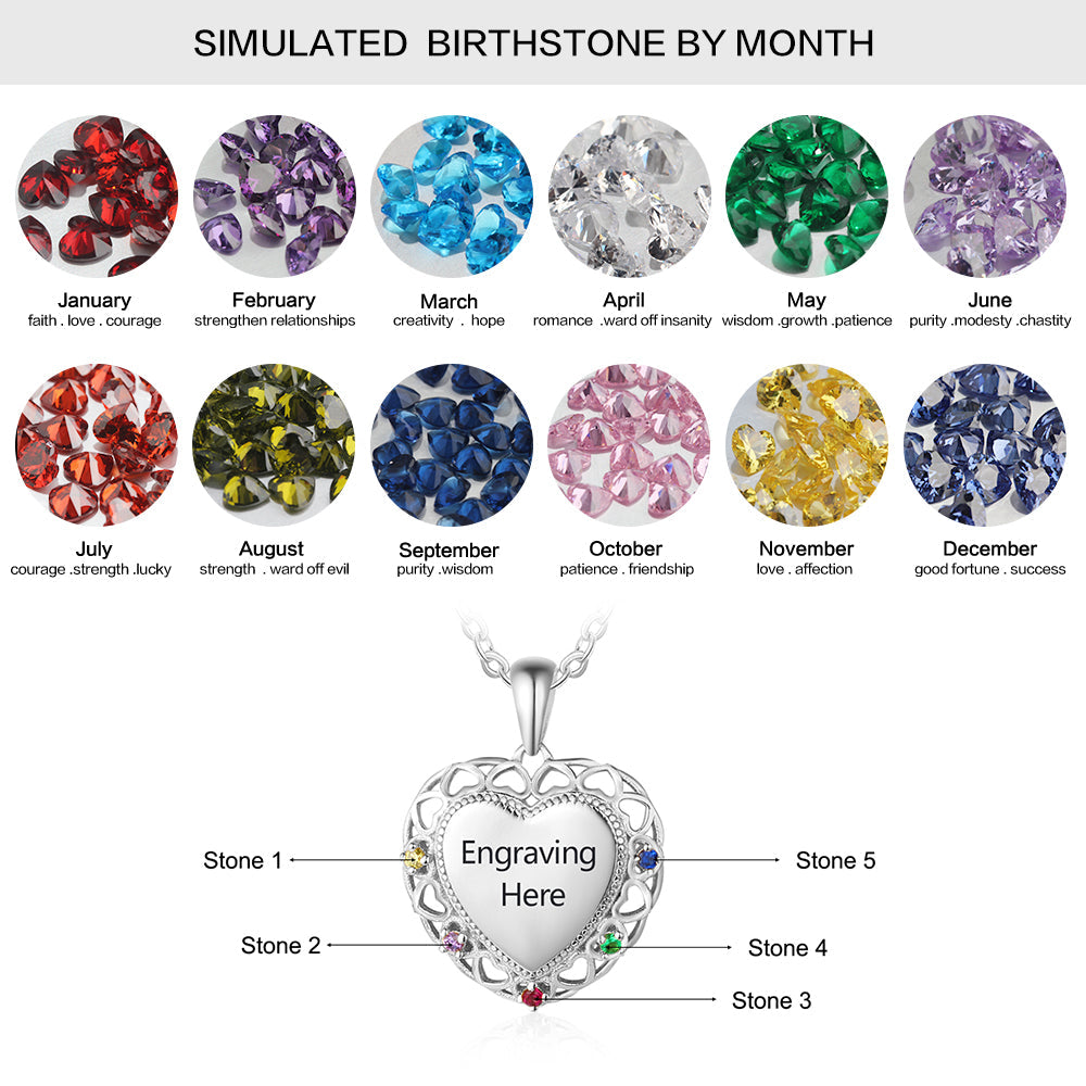 925 Sterling Silver Colorful Birthstones Heart Shape Necklace-5