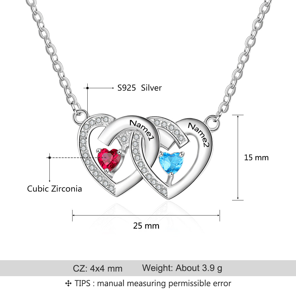 925 Sterling Silver Birthstones Two Hearts Shape Necklace-4