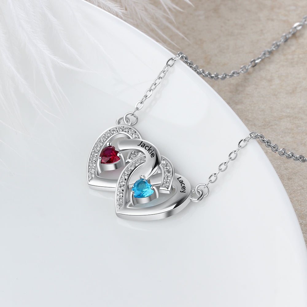 925 Sterling Silver Birthstones Two Hearts Shape Necklace-2