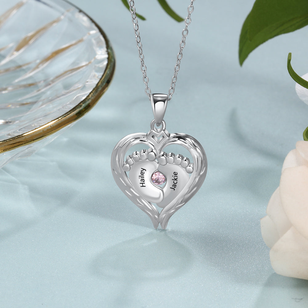 925 Sterling Silver Little feet Heart Pendant Necklace-3