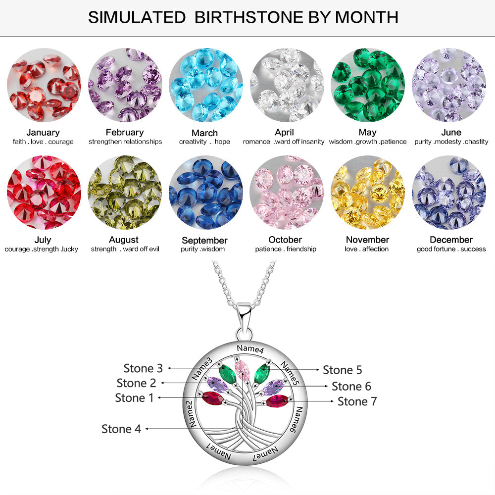 925 Sterling Silver Tree of Life Necklace with Seven Birthstones-5