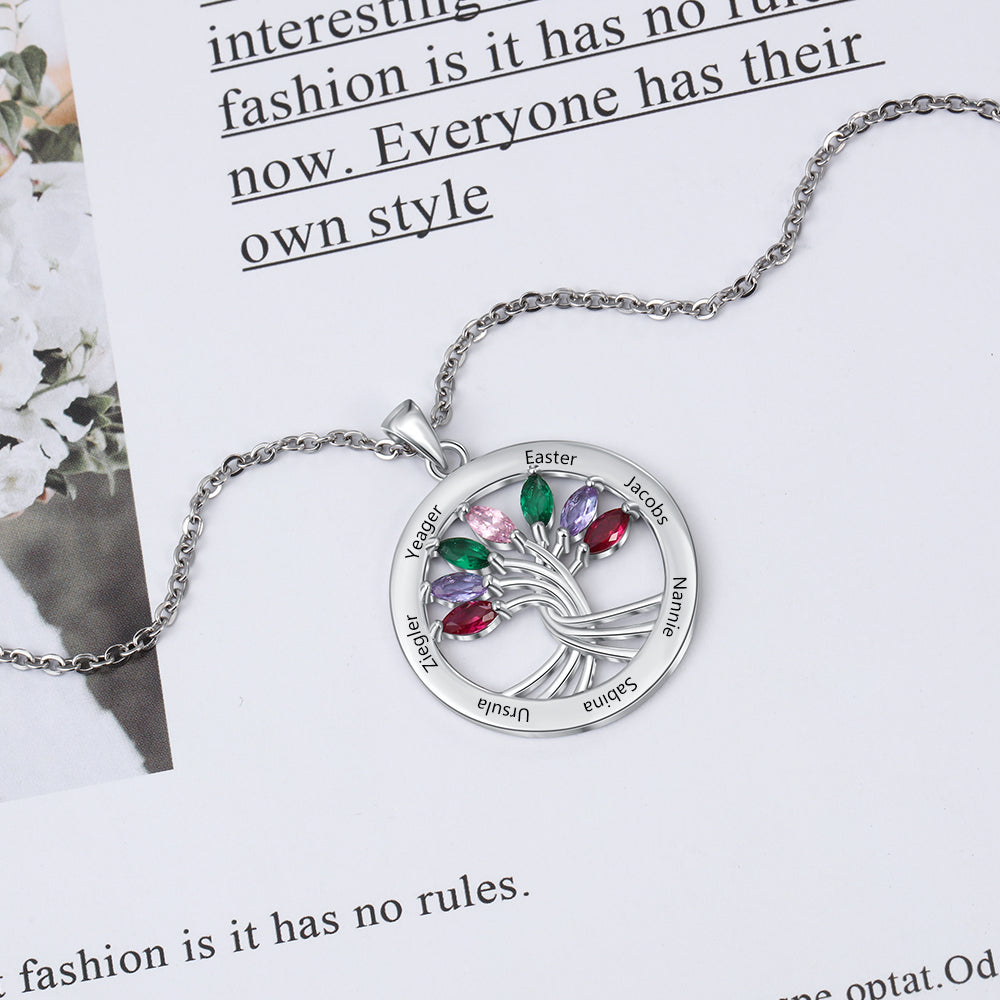 925 Sterling Silver Tree of Life Necklace with Seven Birthstones-3