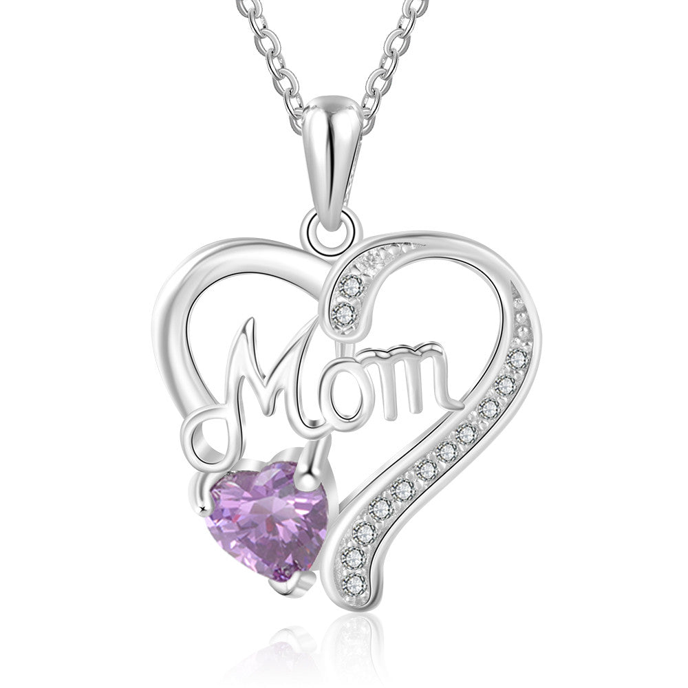 Birthstone Rhodium Plated Mom Necklace-0