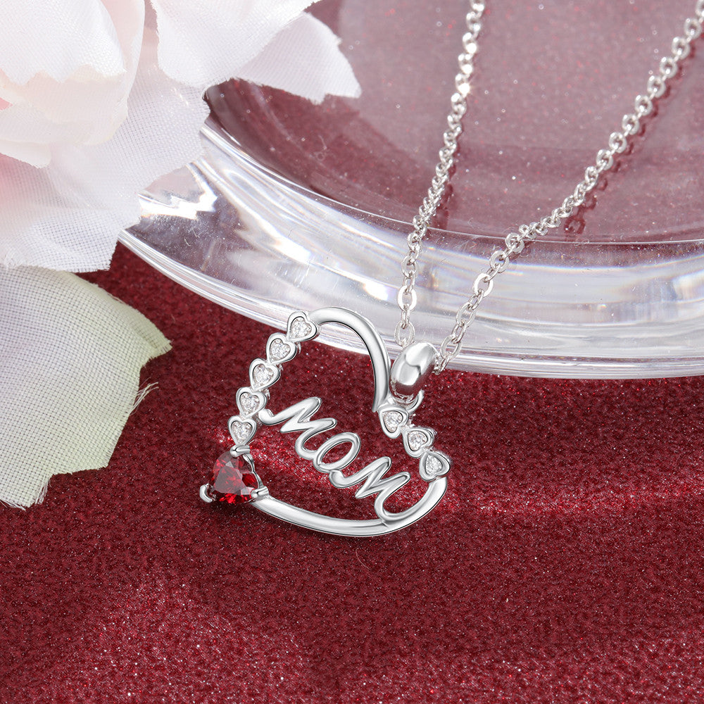 Birthstone Rhodium Plated Heart Shape Mom Necklace-2