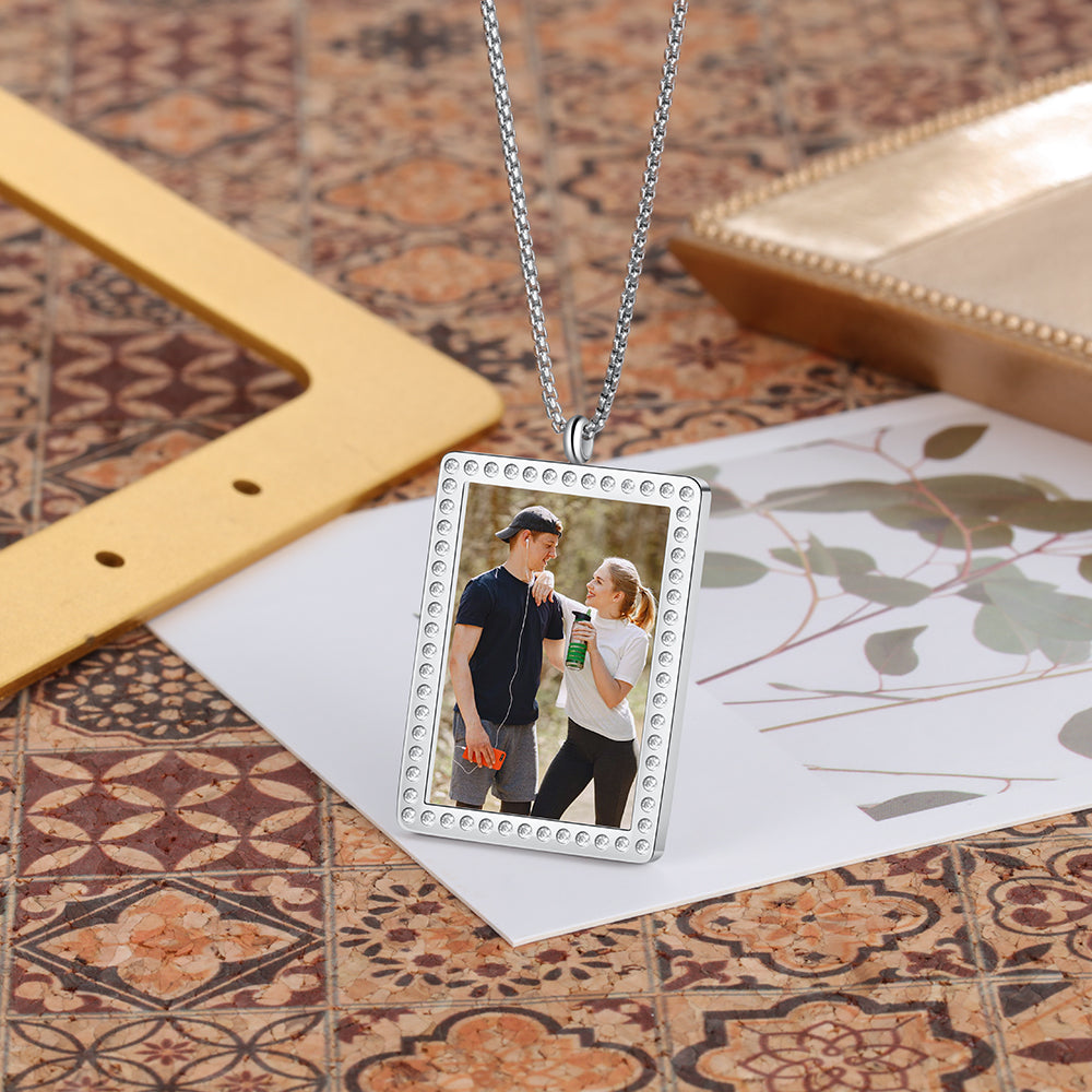 Stainless Steel Rectangle Photo Pendant Necklace-0