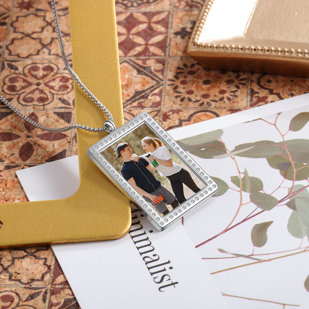 Stainless Steel Rectangle Photo Pendant Necklace-1