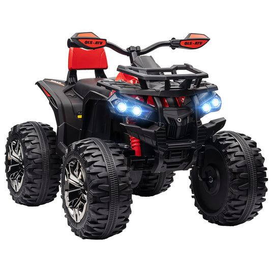 HOMCOM 12V Quad Bike ATV with LED Lights, Music, Backrest, Forward, Backward in Red-0