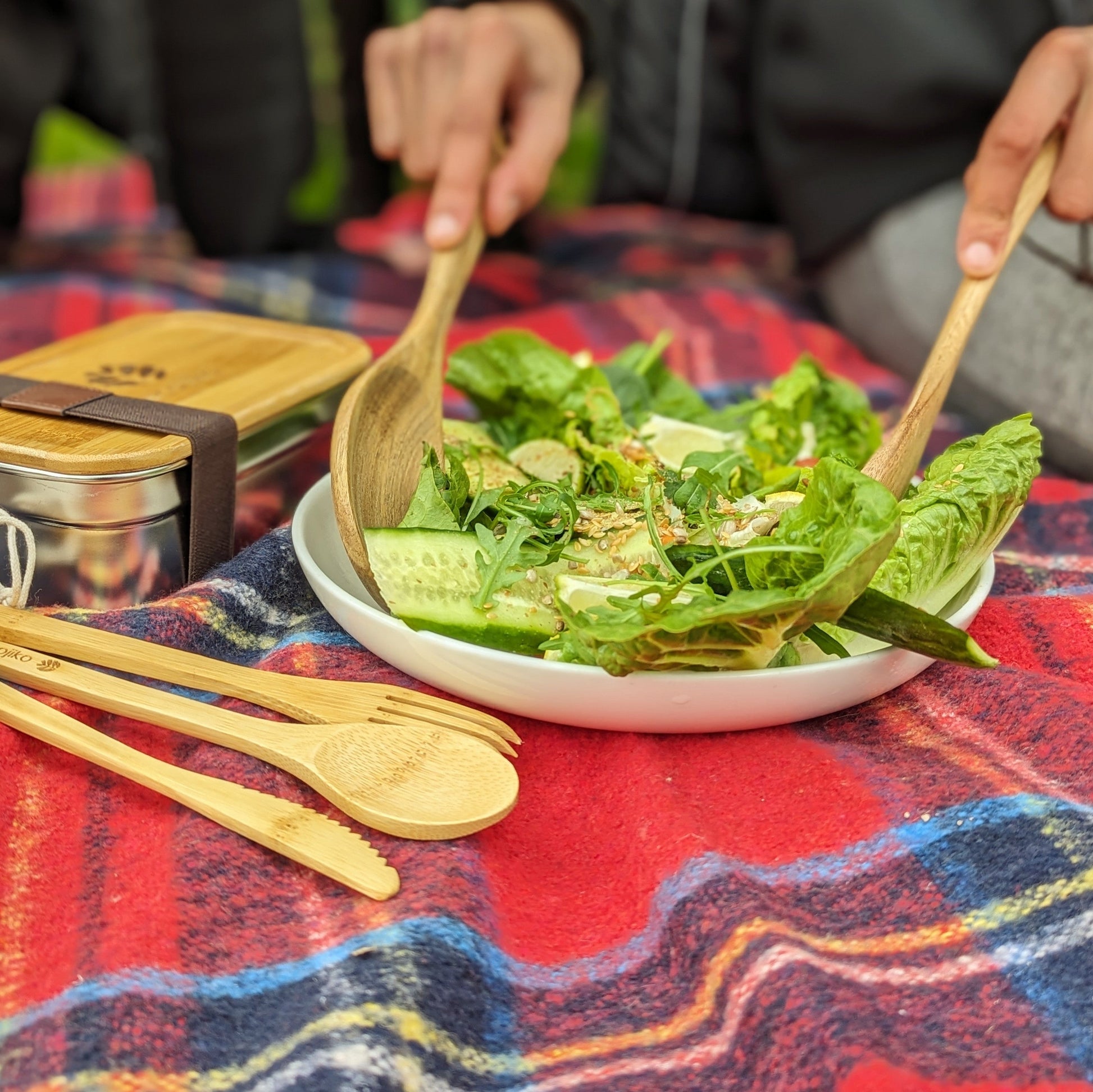 Wooden Summer Salad Servers | Sustainable Acacia Natural Food Servers with Hang Tie-3