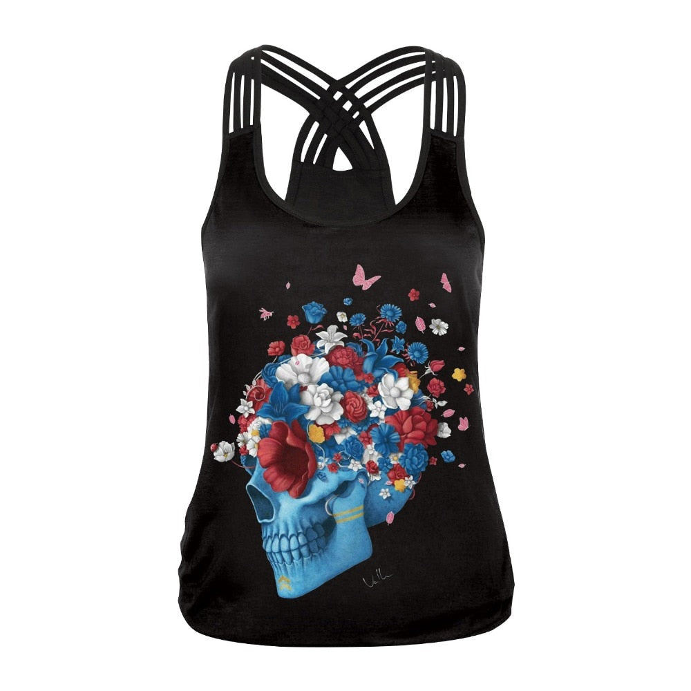 Fashion Halloween Sugar Skull Rose Girl Tank Top for Women Gothic Style Back Cross Sleeveless Vest-4