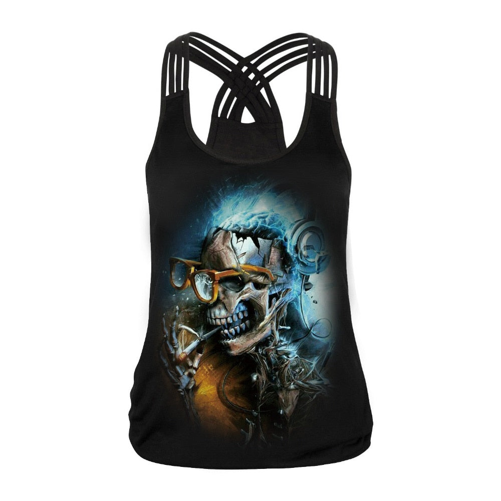 Fashion Halloween Sugar Skull Rose Girl Tank Top for Women Gothic Style Back Cross Sleeveless Vest-1