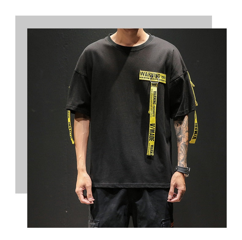 Tag T Shirt O-neck Off Tops Tees Male Boy White Casual Fashion Streetwear Gold Side Stripe Men Short Sleeve Black Patchwork-3