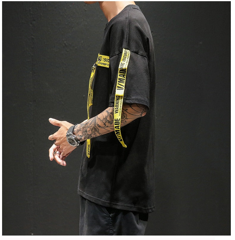 Tag T Shirt O-neck Off Tops Tees Male Boy White Casual Fashion Streetwear Gold Side Stripe Men Short Sleeve Black Patchwork-2