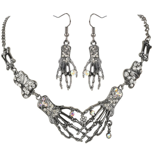 Women's Skeleton Hand Bone Skull Jewelry Set-Adjustable Necklace (18+2)inch + Dangle Earrings - Halloween Gift Accessories-0