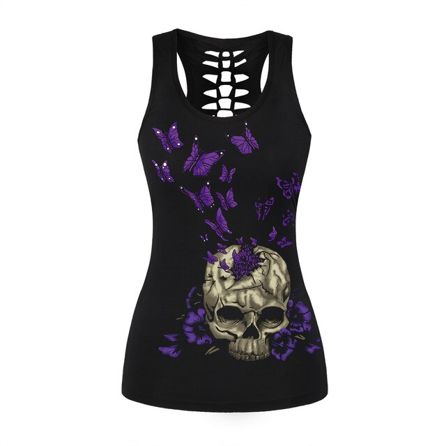 Women Summer Hollow Top Gothic Backless Vest Summer Skull Rose Halloween festival Slim Black Tank Top-5