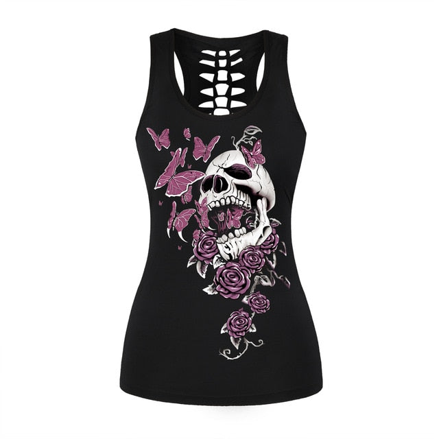 Women Summer Hollow Top Gothic Backless Vest Summer Skull Rose Halloween festival Slim Black Tank Top-3