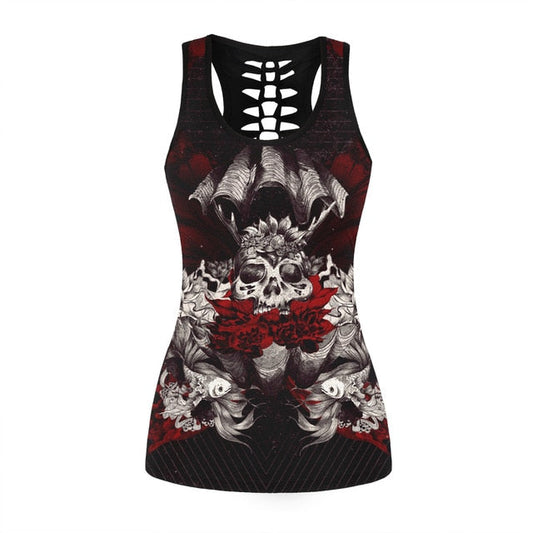 Women Summer Hollow Top Gothic Backless Vest Summer Skull Rose Halloween festival Slim Black Tank Top-0