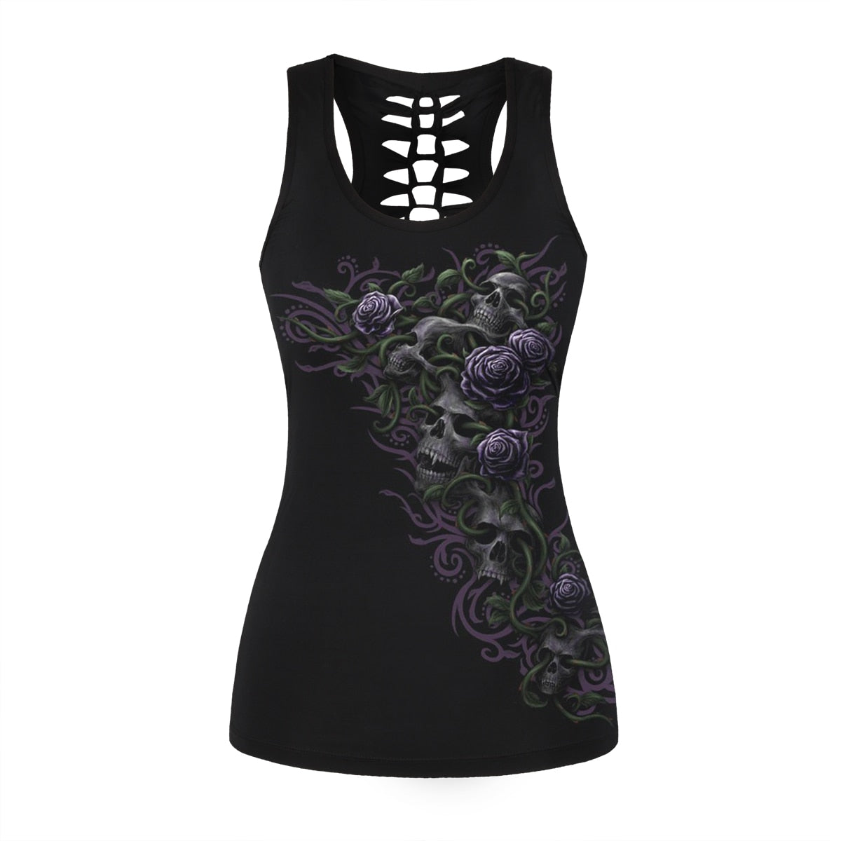 Women Summer Hollow Top Gothic Backless Vest Summer Skull Rose Halloween festival Slim Black Tank Top-2