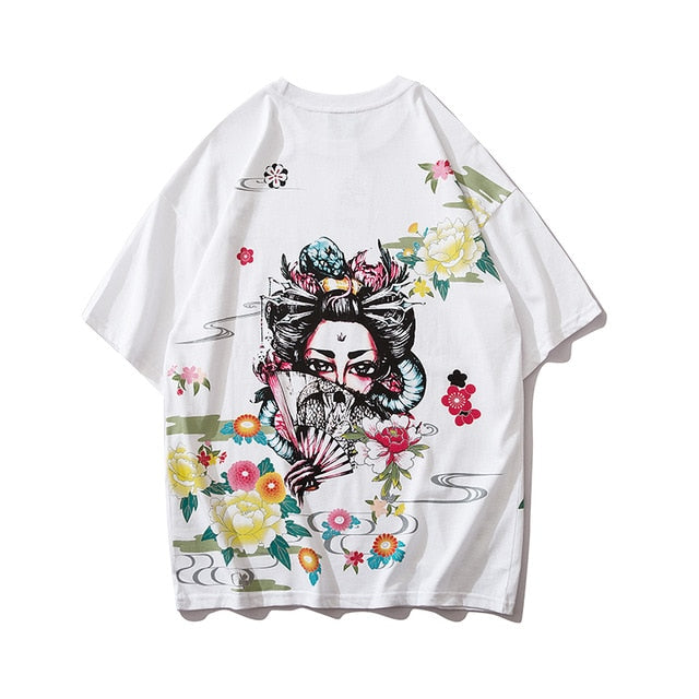 Japanese Geisha Tshirt Streetwear Short Sleeve T Shirt Japan Cotton Tops Tees Men Harajuku Hip Hop T-Shirt-3