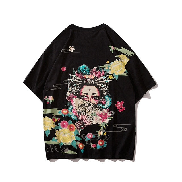 Japanese Geisha Tshirt Streetwear Short Sleeve T Shirt Japan Cotton Tops Tees Men Harajuku Hip Hop T-Shirt-14