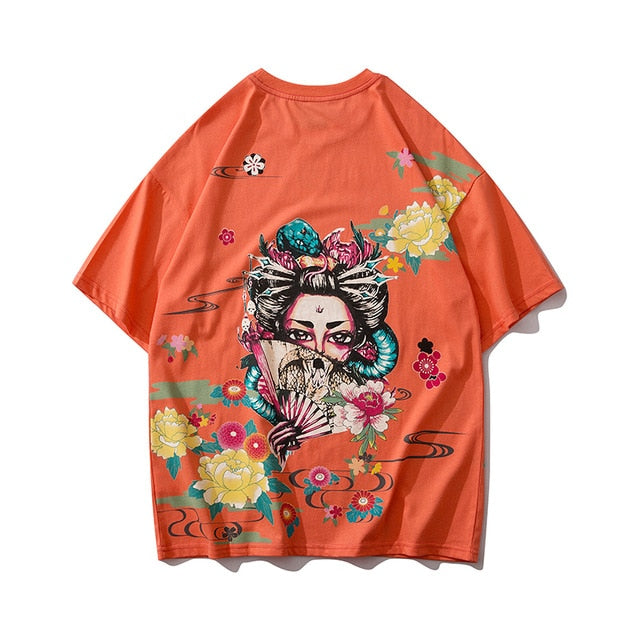 Japanese Geisha Tshirt Streetwear Short Sleeve T Shirt Japan Cotton Tops Tees Men Harajuku Hip Hop T-Shirt-1