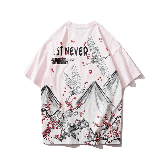 Streetwear Hip Hop T Shirt Men Harajuku Japanese Short Sleeve Tshirt Summer Casual Crane Cherry Floral T-Shirt-5