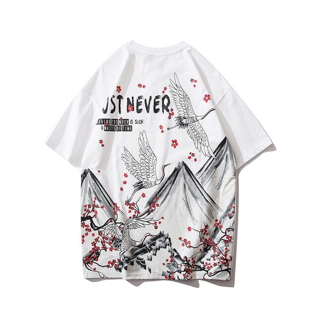 Streetwear Hip Hop T Shirt Men Harajuku Japanese Short Sleeve Tshirt Summer Casual Crane Cherry Floral T-Shirt-7